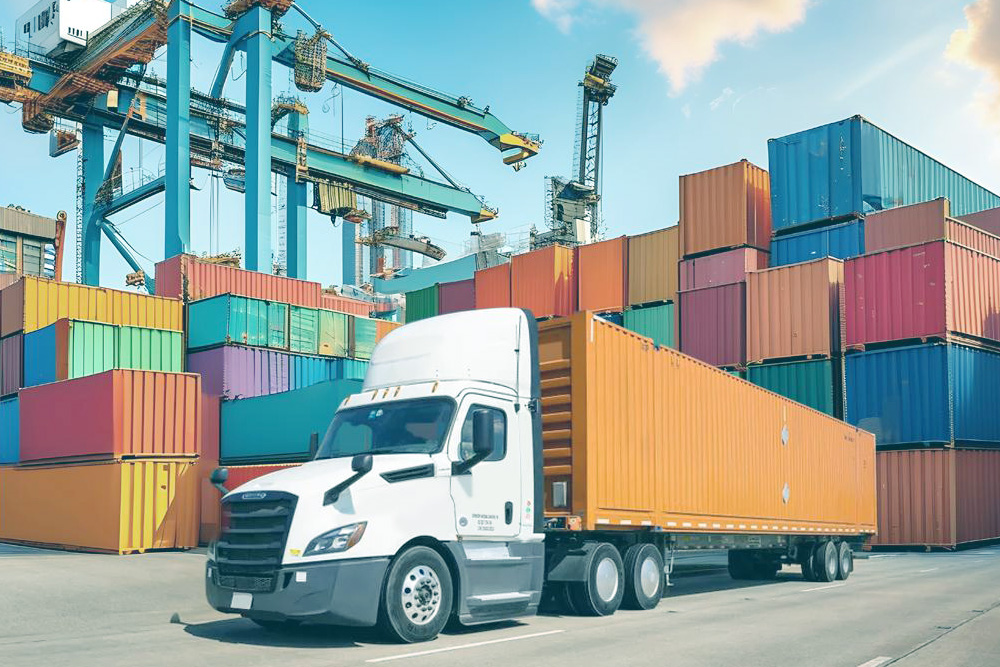 Shipping container behind an electric drayage truck