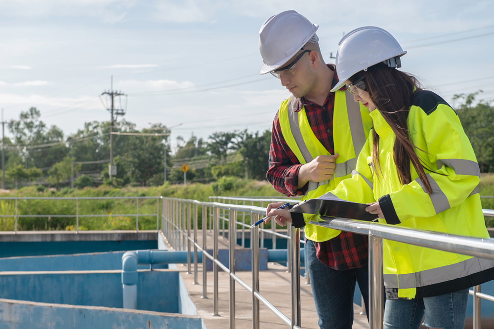Two water utility workers outside a treatment pond
