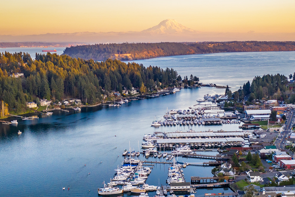 Aerial view of Puget Sound and mountains in the background