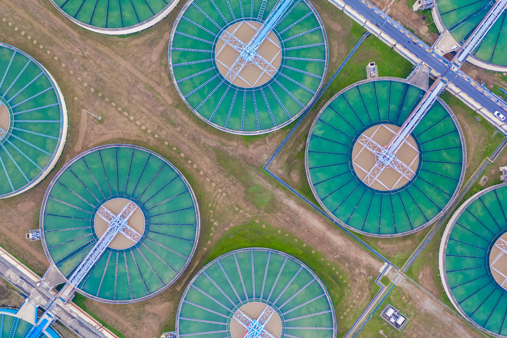 Aerial view of circular water treatment ponds