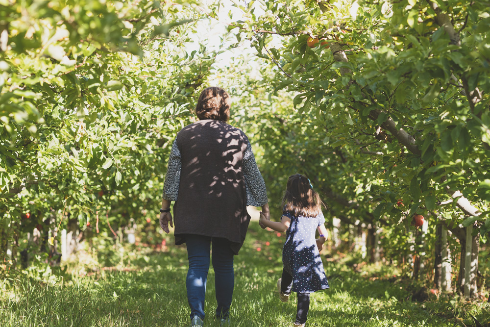 Grandmother and granddaughter walking through apple orchard